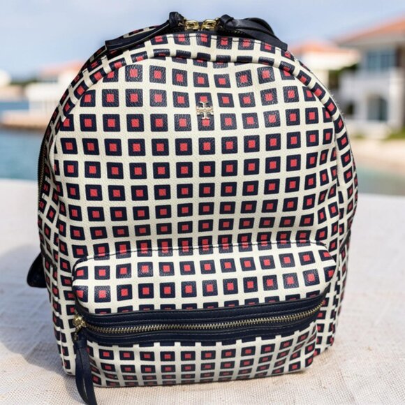 Tory Burch Handbags - Tory Burch Kerrington Milano Square Backpack Geo Print Navy Red | EUC